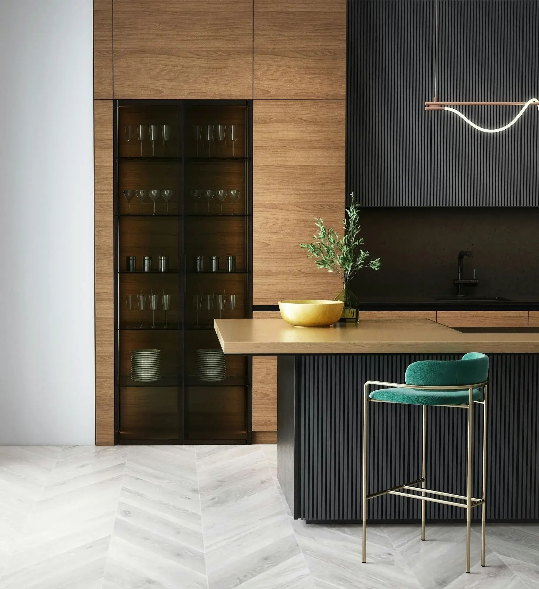 Finished kitchen with walnut cabinetry, ebonized oak panels and a waterfall island