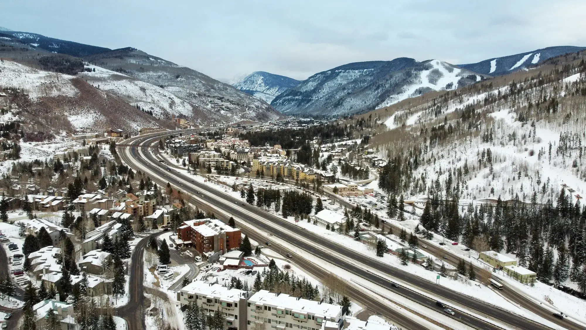 Vail and the I-70 corridor from above in winter